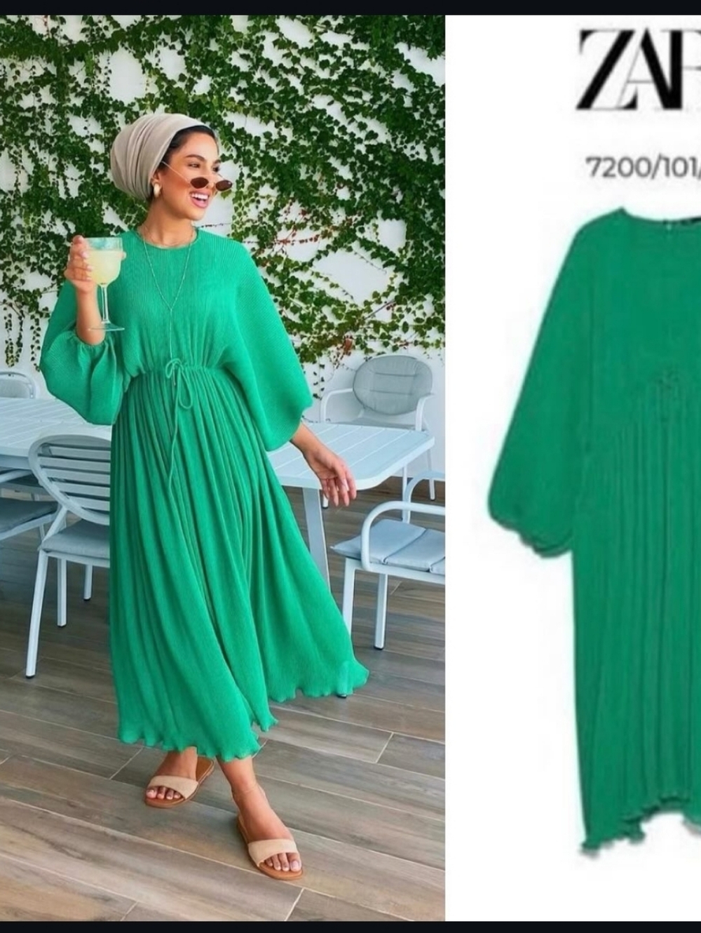 Zara Green Pleated Dress with Drawstring Waist M-L